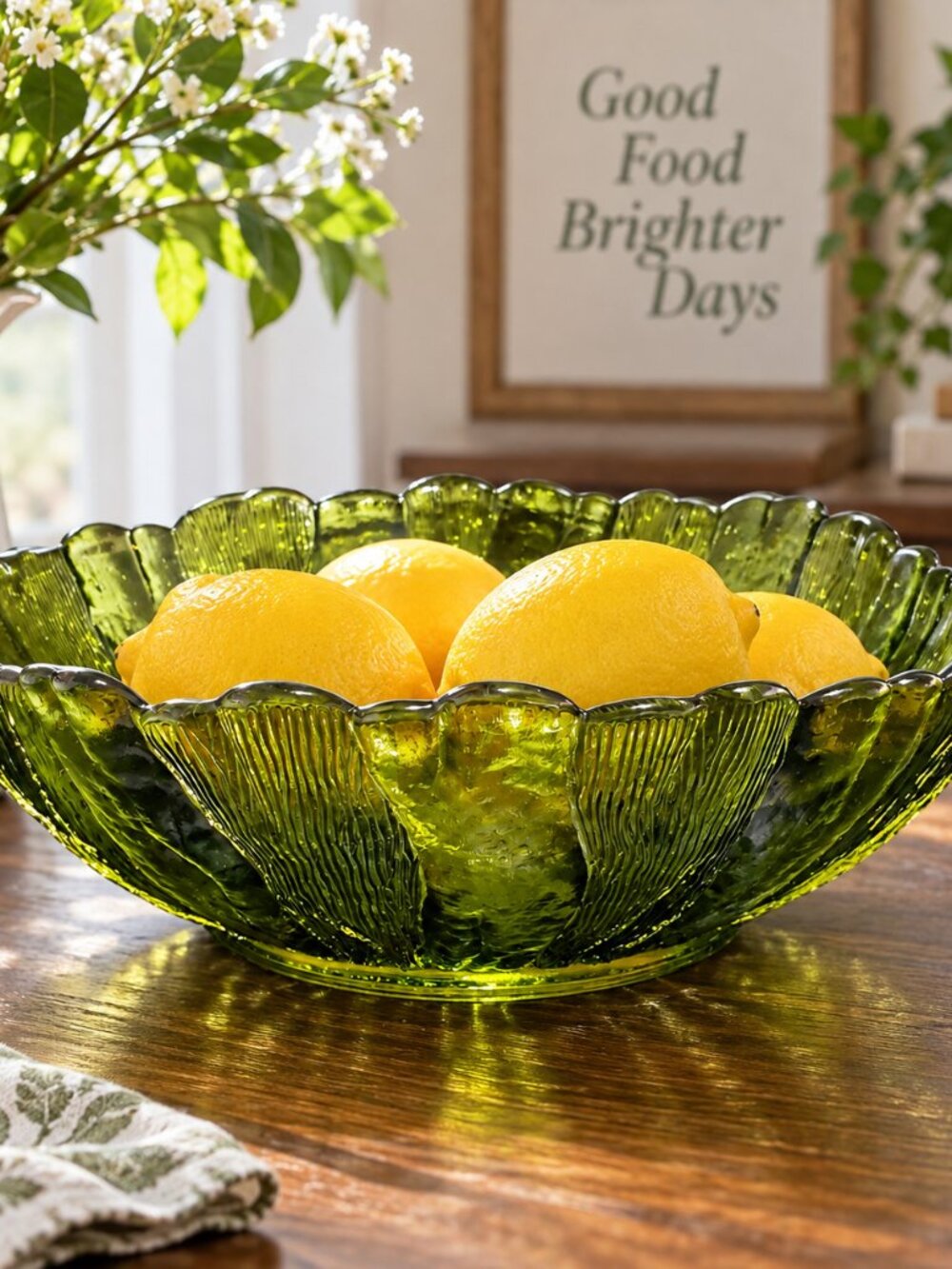 Scalloped Ribbed Avocado-Green Pressed Glass Sunflower Centerpiece Serving Bowl